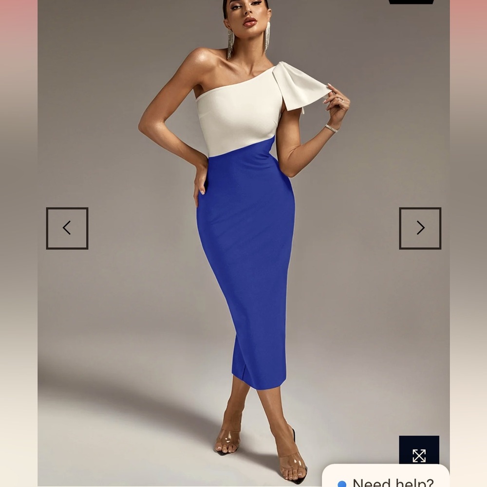 Multi Color One Shoulder Midi Bandage Dress - Blue White